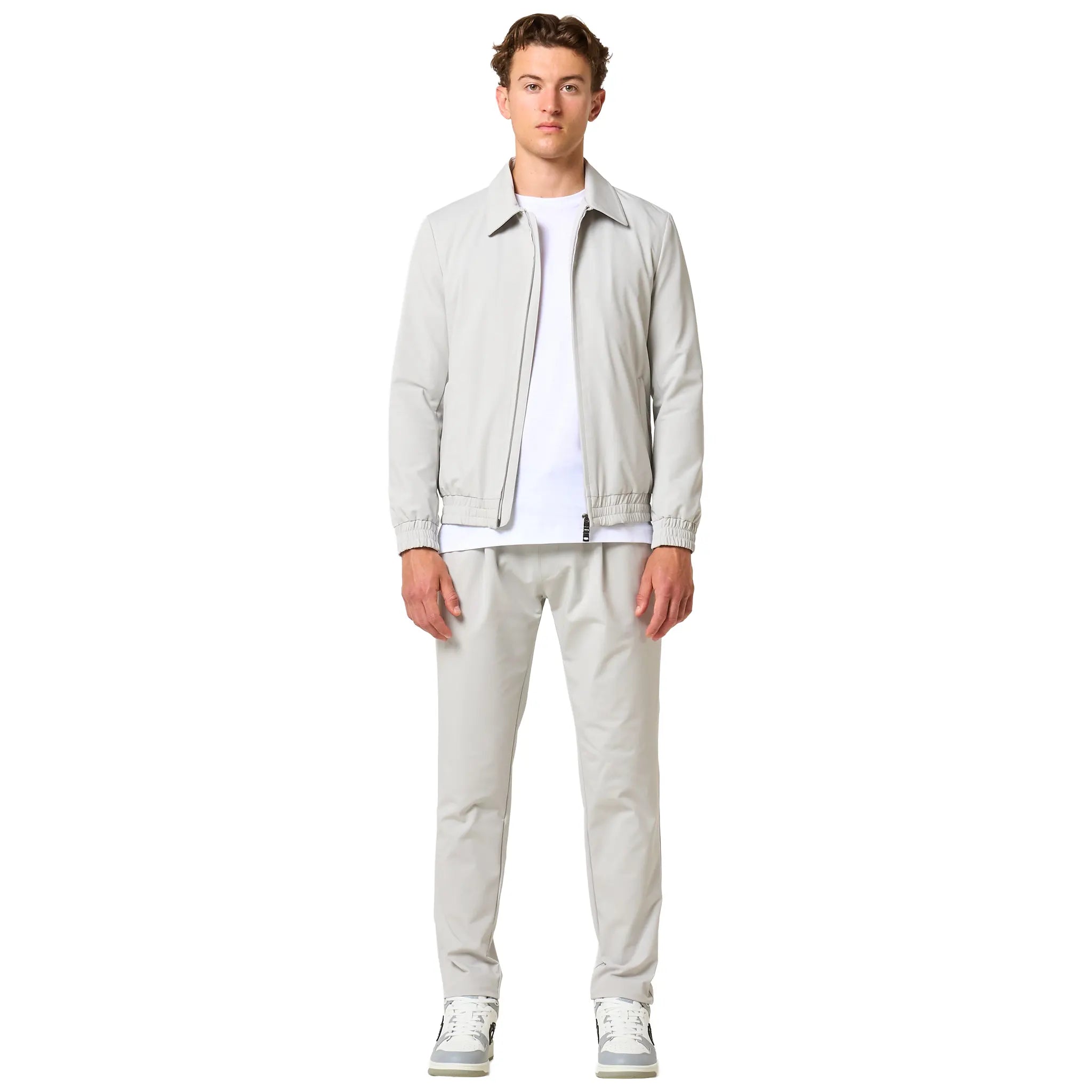 Model Front View of Loiano Tech Light Grey Trousers